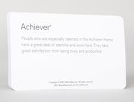 Back of a card, with text defining the CliftonStrengths Achiever Theme in two sentences.