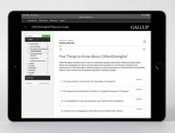 Digital guide displayed on device, featuring the Five Things to Know About CliftonStrengths page.