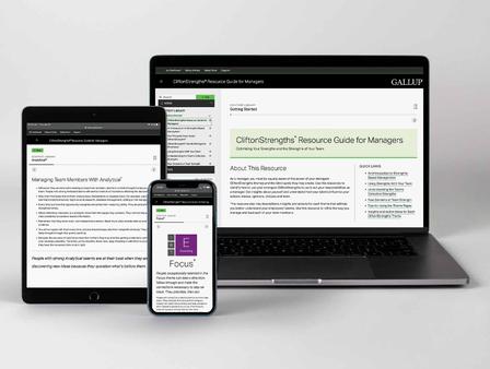 Digital CliftonStrengths Resource Guide for Managers on multiple devices and screen sizes.