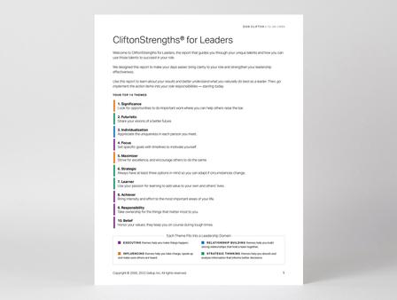 Cover page of the CliftonStrengths for Leaders report shows the individual’s top 10 themes.