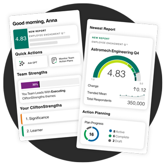 Good morning, Anna - 4.83 New Report Employee Engagement Q12 - Quick Actions - Ask GPT - Monitor Team Action Plans. Team Strengths - 30%. Your Team Leads With Executing CliftonStrengths themes. Your CliftonStrengths - 1. Significance, 2. Learner. Newest Report. New Report - Employee Engagement Q12 - Employee Engagement Q12. Astromech Engineering Q4 - 1.0 to 5.0 range - 4.83. Change up arrow 0.12. Trended Mean. Total Respondents 350,000. Action Planning - Plan Progress - 16 - 8-Active, 6-Complete and 2-Draft.