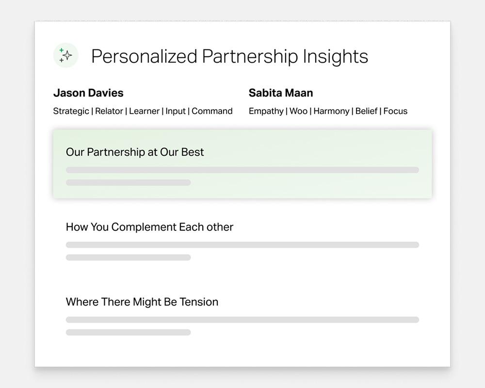 Personalized Partnership Insights; Jason Davies: Strategic | Relator | Learner | Input | Command; Sabita Maan: Empathy | Woo | Harmony | Belief | Focus; Our Partnership at Our Best. How You Complement Each Other. Where There Might Be Tension