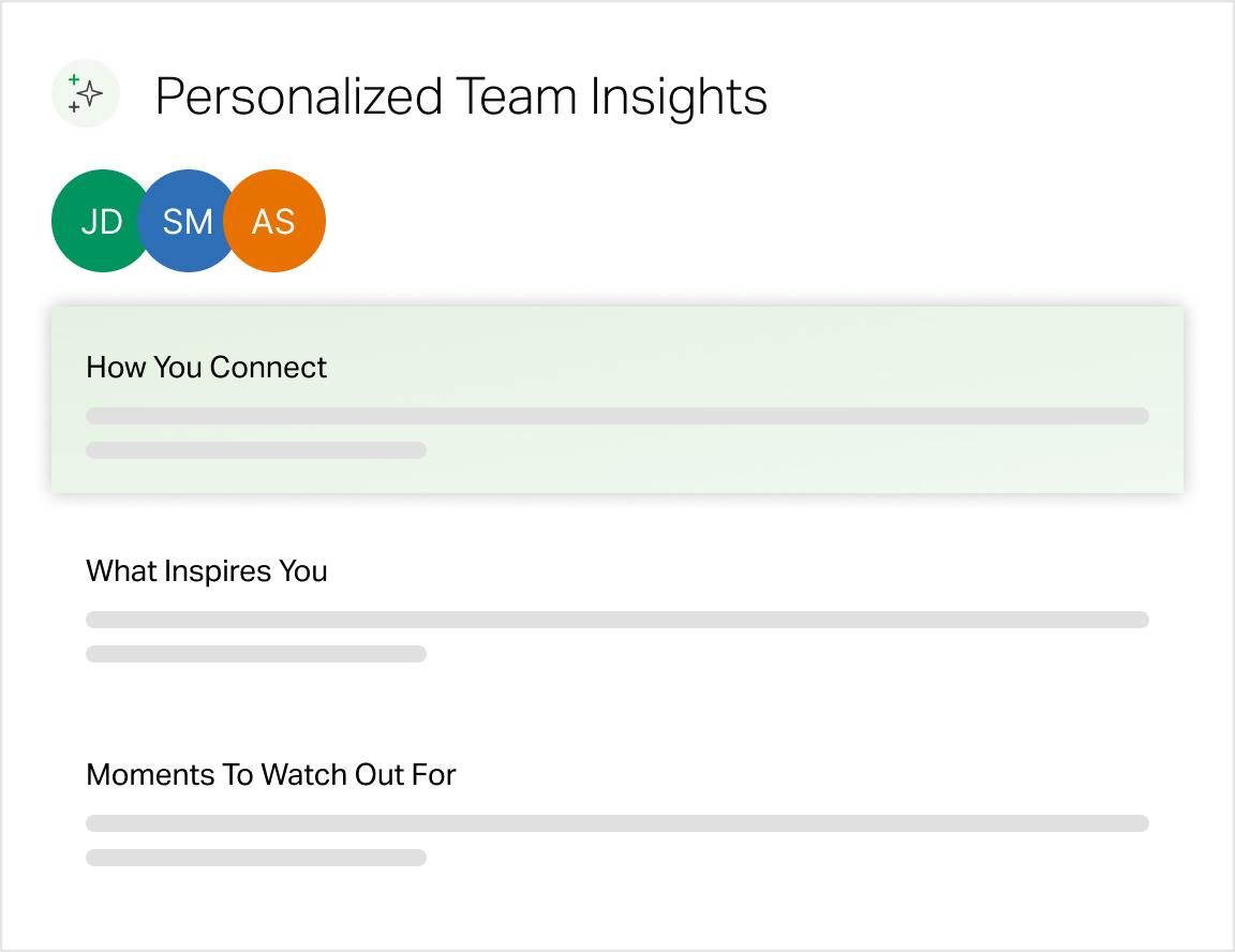 Personalized Team Insights | JD, SM, AS grouped and then headings: How You Connect, What Inspires You, Moments To Watch For and sample text