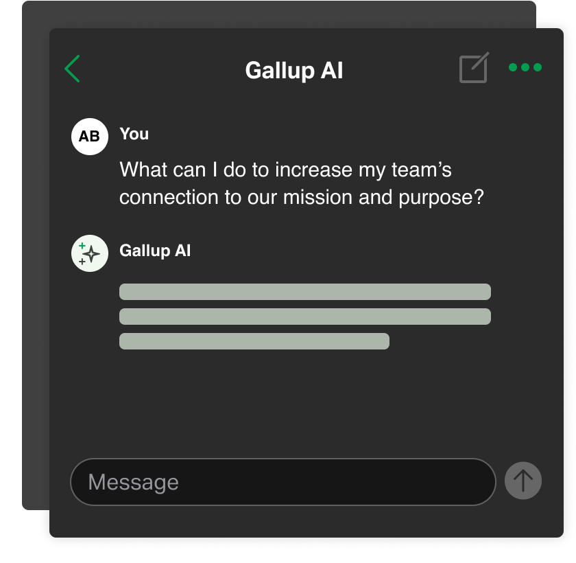 Gallup AI. AB - You - What can I do to increase my team's connections to our mission and purpose. Gallup AI. Message and arrow up.