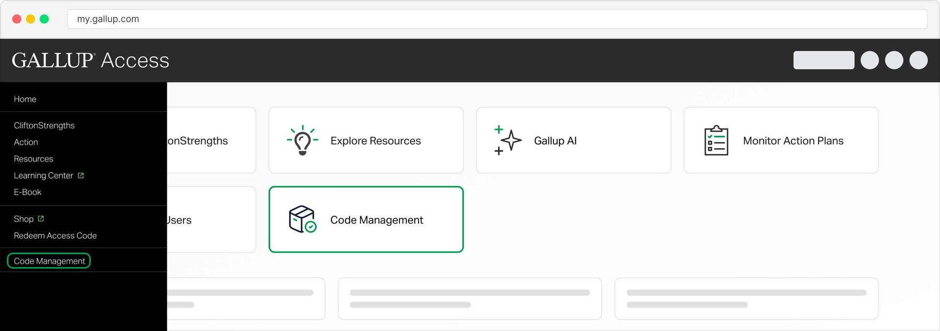 Gallup Access Code Management button on dashboard