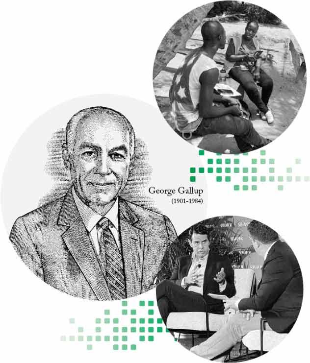 Image of George Gallup (1901-1984), an image of a person being interviewed and an image of two people talking on a panel.