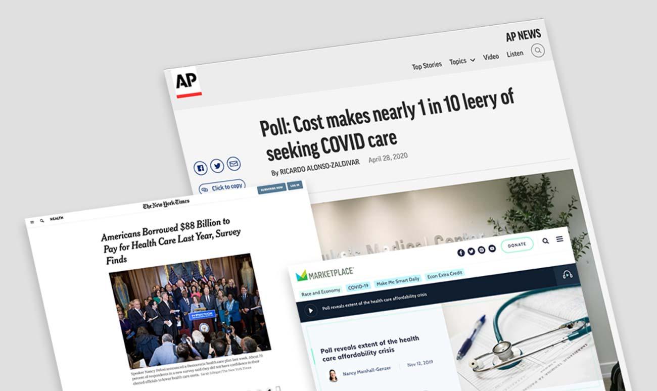 Descriptive image of West Health’s findings featured in AP News, Marketplace, and The New York Times.