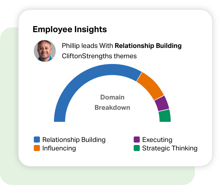 Employee Insights. Phillip leads With Relationship Building CliftonStrengths themes. Domain Breakdown.