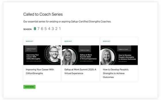 Screenshot of the Call to Coach Webinar series with three webinars showing.