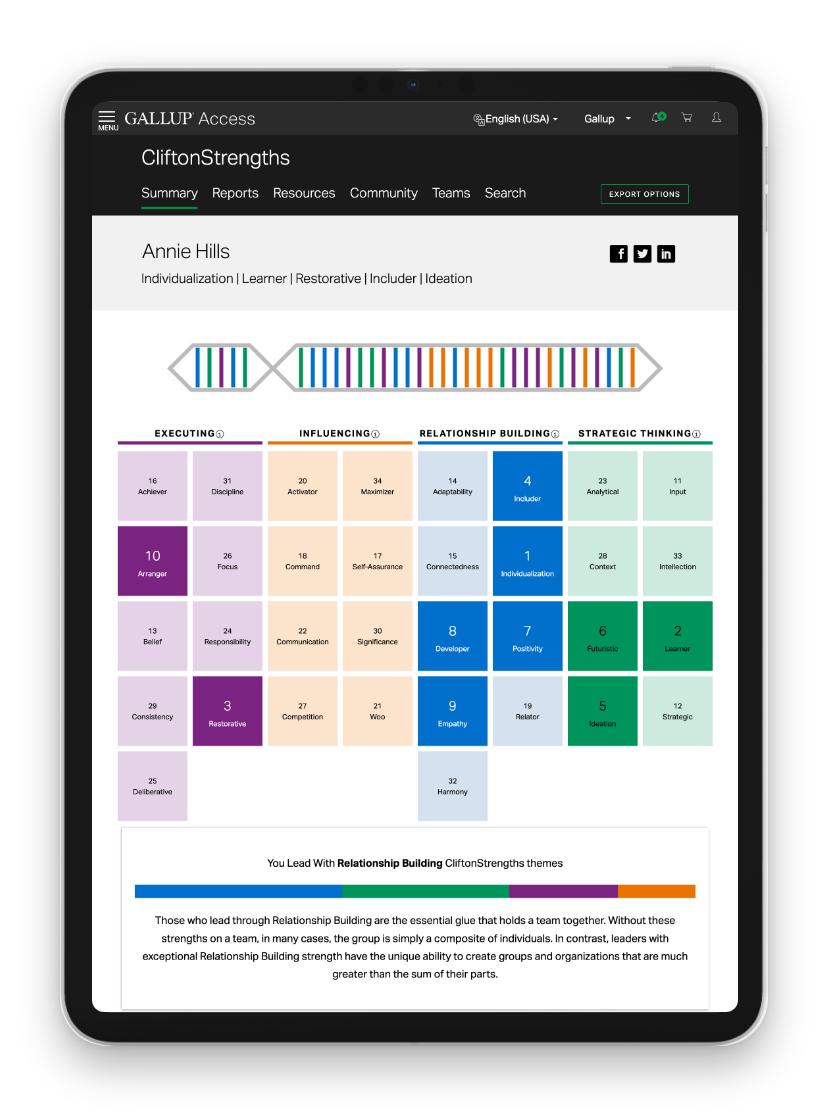CliftonStrengths Reports with Personalized Results as viewed from mobile device