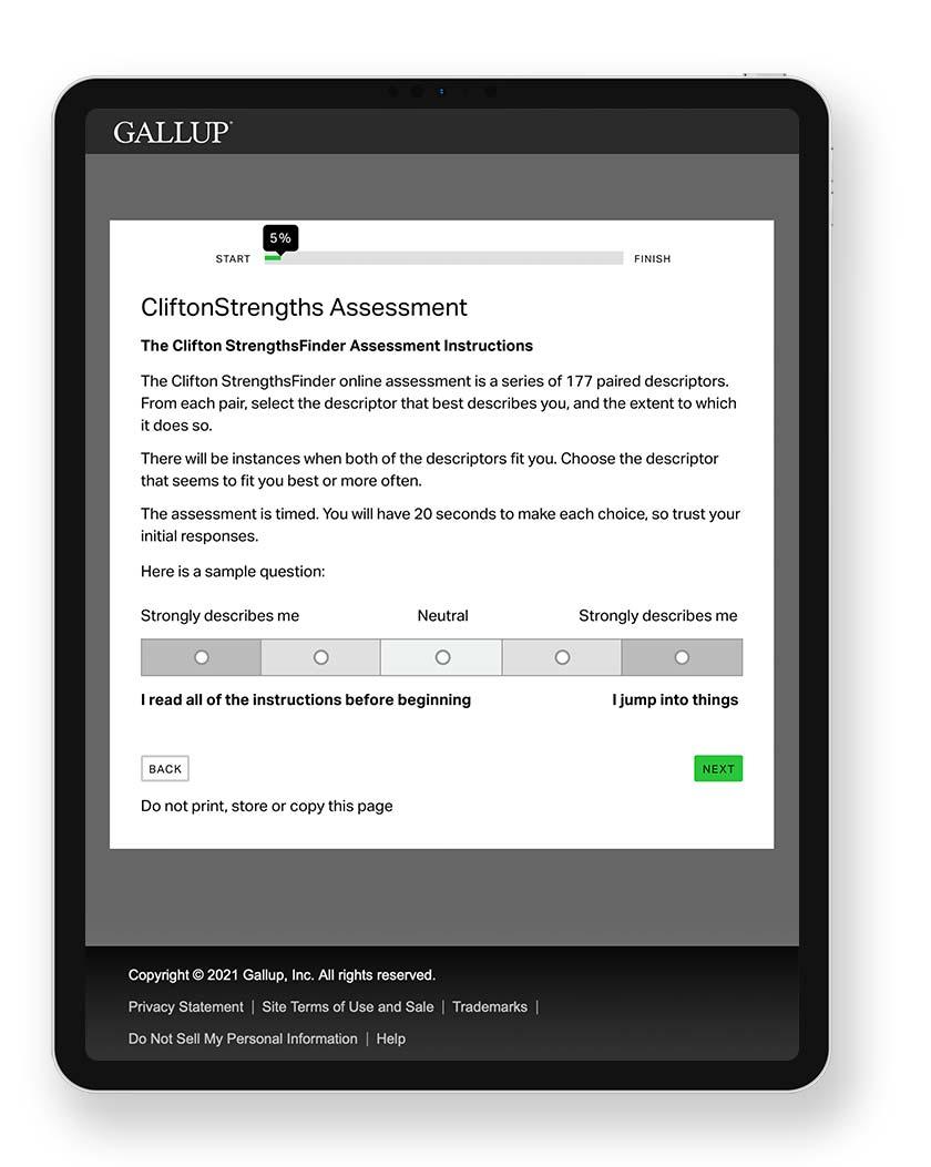 CliftonStrengths Assessment as viewed from mobile device