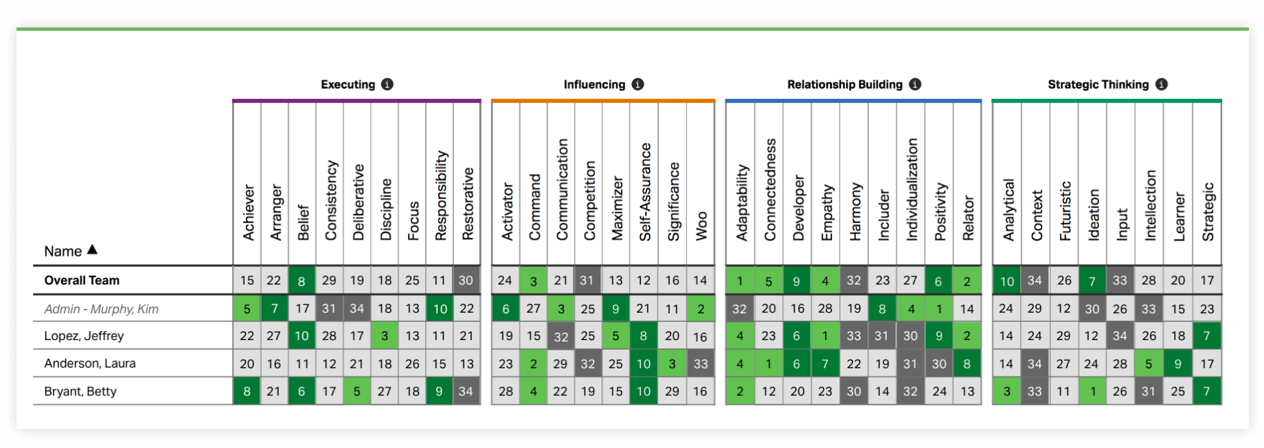 Grid organized by CliftonStrengths domains on top and names on the left to show each team members strengths rankings