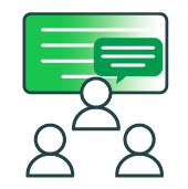 Chat bubble behind three individuals