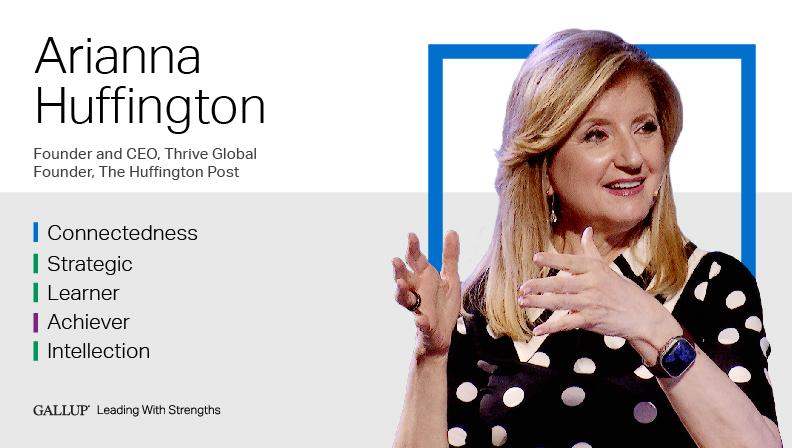 Arianna Huffington Founder and CEO, Thrive Global Founder, The Huffington Post CONNECTEDNESS | STRATEGIC | LEARNER | ACHIEVER | INTELLECTION. GALLUP Leading with Strengths. Play How Arianna Huffington Leads With Strengths Video