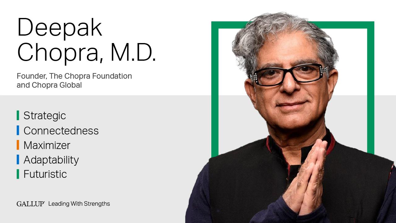 Deepak Chopra Author and Founder at Chopra Foundation and Chopra Global STRATEGIC | CONNECTEDNESS | MAXIMIZER | ADAPTABILITY | FUTURISTIC. GALLUP Leading with Strengths. Play How Deepak Chopra Leads With Strengths Video