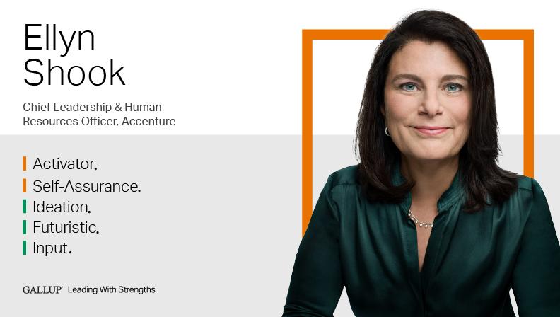 Chief Leadership and Human Resources Officer, Accenture. ACTIVATOR | IDEATION | FUTURISTIC | SELF-ASSURANCE | INPUT. GALLUP Leading with Strengths. Play How Ellyn Shook Leads With Strengths Video