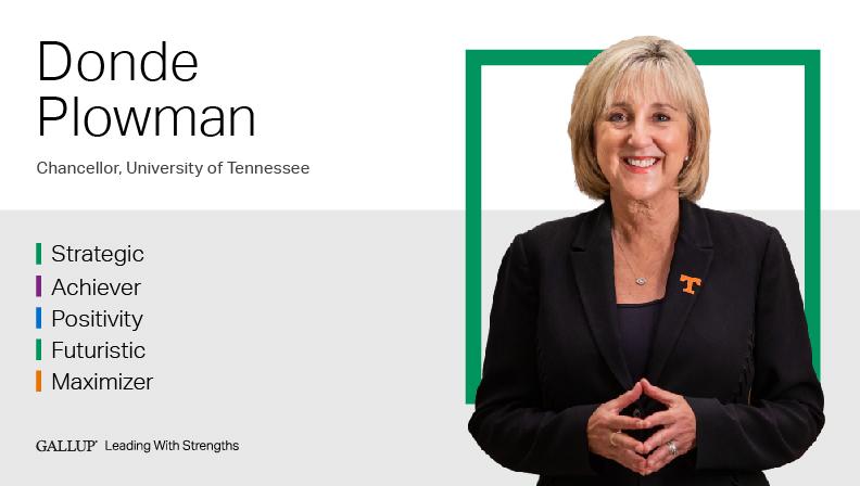 Donde Plowman Chancellor of the University of Tennessee STRATEGIC | ACHIEVER | POSITIVITY | FUTURISTIC | MAXIMIZER. GALLUP Leading with Strengths. Play How Donde Plowman Leads With Strengths Video
