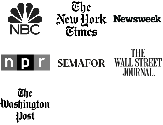 Logos from the following companies: NBC News, The New York Times, Newsweek, NPR, Semafor, The Wall Street Journal and The Washington Post
