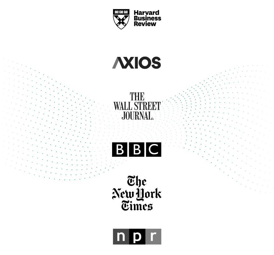 Logos from the following companies: Harvard Business Review, Axios, The Wall Street Journal, BBC News, The New York Times, NPR.
