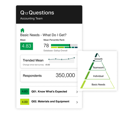 Gallup Access dashboard showing Q12 employee engagement results alongside Gallup&rsquo;s engagement hierarchy. 