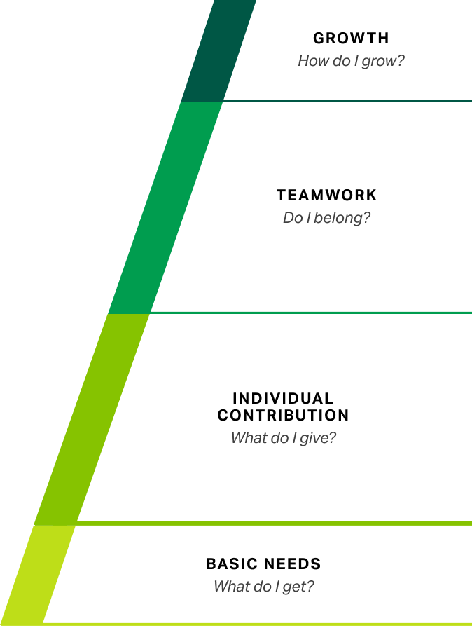 Pyramid with Growth in at the top followed by Teamwork, Individual Contribution and Basic Needs at the base.
