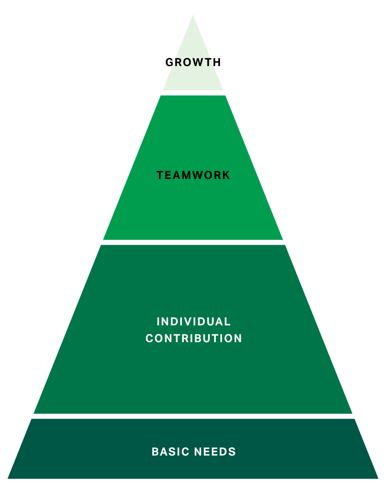 Pyramid from top to base: Growth, Teamwork, Individual Contribution, Basic Needs