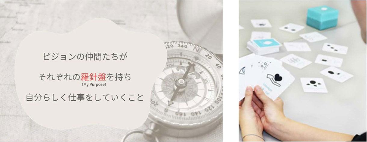 ピジョンの企業文化を表す2枚の画像 - コンパス「My Purpose」のテキストと、カードを並べる手