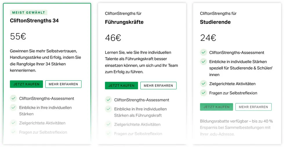 Vergleichstabelle der CliftonStrengths-Kaufoptionen