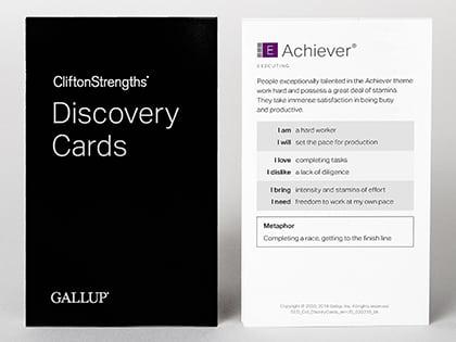 Front and back of a CliftonStrengths Discovery Card.