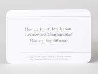 Click this thumbnail to show image: Back of a card, with text reading How are Input, Intellection, Learner, and Ideation alike? How are they different?