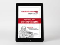Front cover of StrengthsFinder 2.0 e-book, featuring illustration of Don Clifton