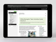 CliftonStrengths Team Activities Guide Volume 2 being displayed on a tablet device.