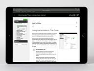 Click this thumbnail to show image: CliftonStrengths Team Activities Guide Volume 2 instruction being displayed on a tablet device.