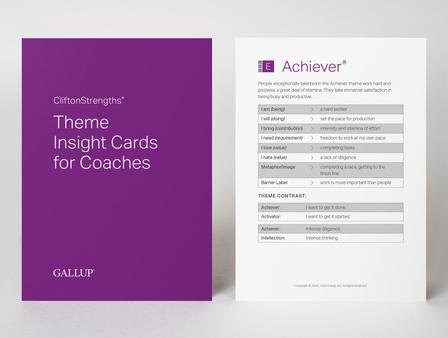 Front and back of a CliftonStrengths Theme Insights Card for Coaches.