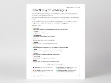 Cover page of the CliftonStrengths for Managers report.