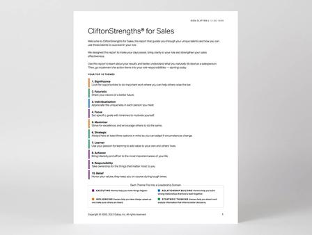 Cover page of the CliftonStrengths for Sales report.