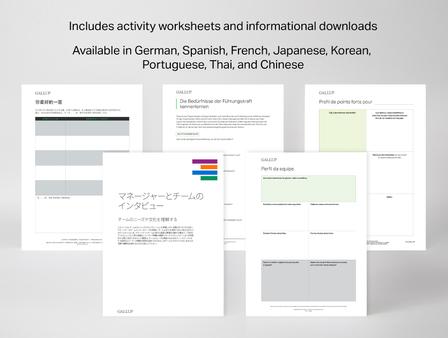 Digital CliftonStrengths Coaching Starter Kit (International Edition) includes activity worksheets and informational downloads in German, Spanish, French, Japanese, Korean, Portuguese, Thai and Chinese.