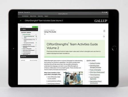 CliftonStrengths Team Activities Guide Volume 2 being displayed on a tablet device.