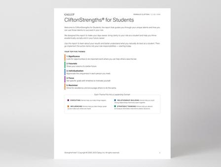 Cover page of the CliftonStrengths for Students report.